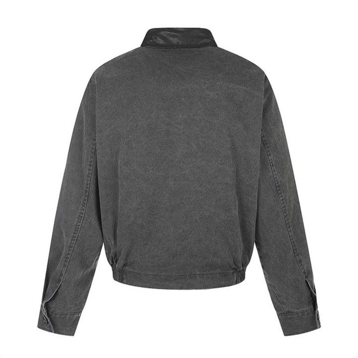 Men's Asymmetrical Canvas Bomber Jacket with Leather Straps and Stand Collar Amarae