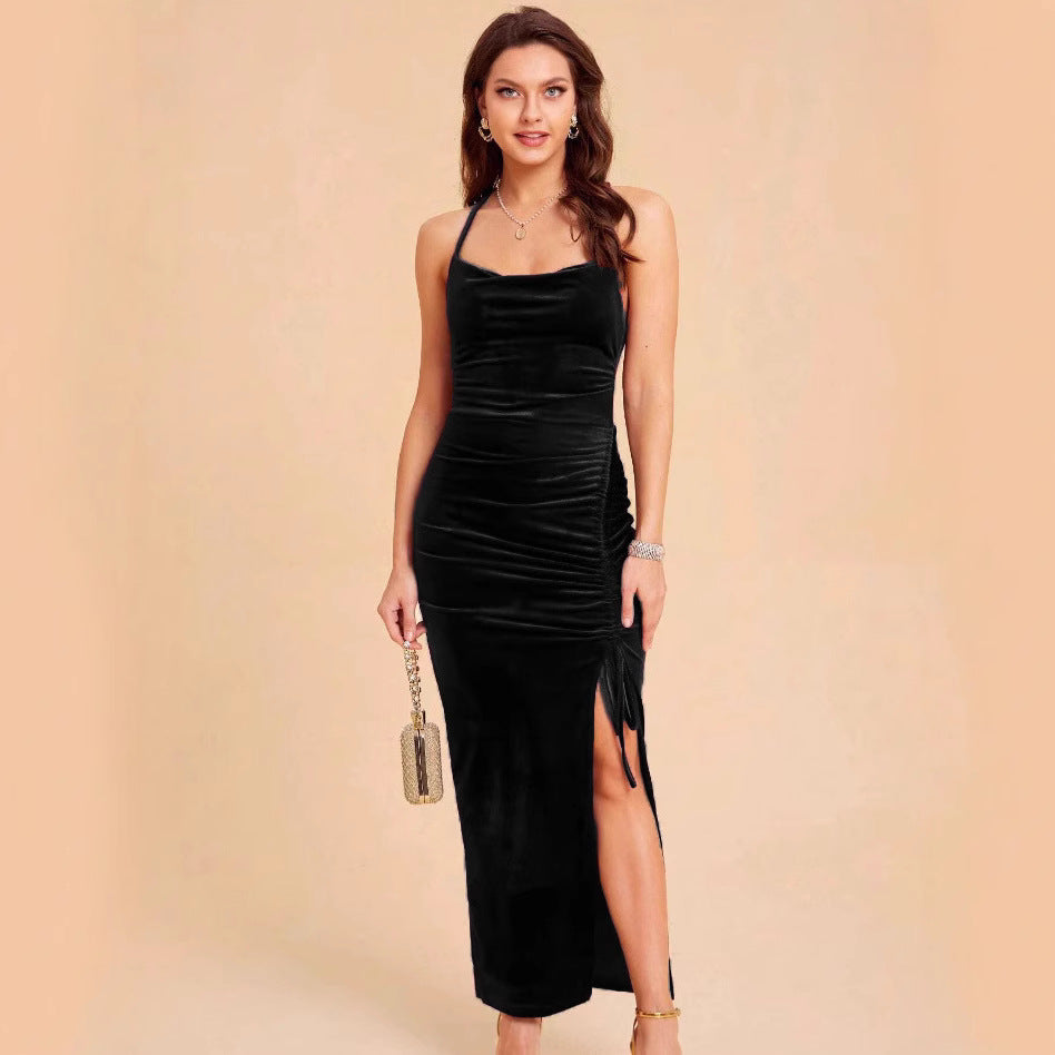 Ladies Elegant Maxi Velvet Dress with Adjustable Slit and Chic Refined Ruching Style