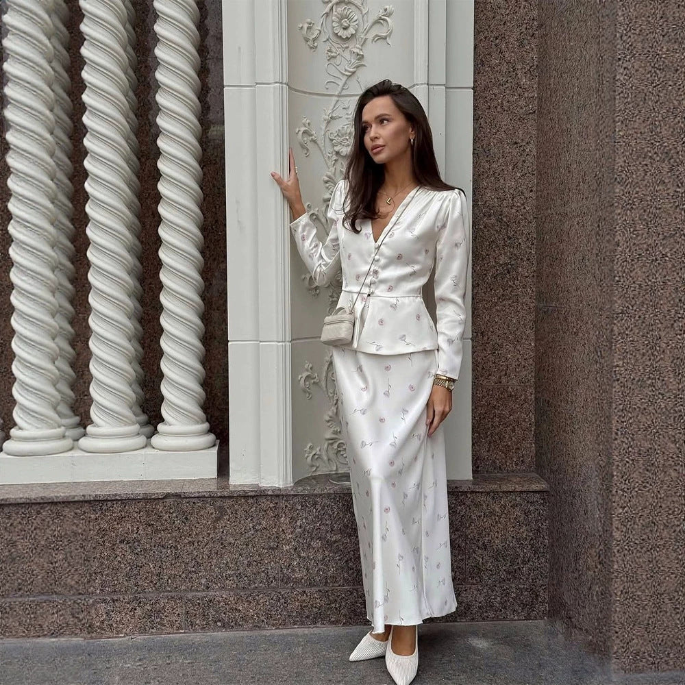 Women's Two-Piece Tailored Blouse and Maxi Skirt Set with V-Neck and Button Details Amarae