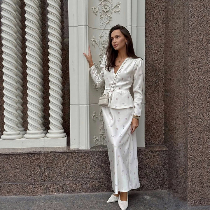 Women's Two-Piece Tailored Blouse and Maxi Skirt Set with V-Neck and Button Details Amarae