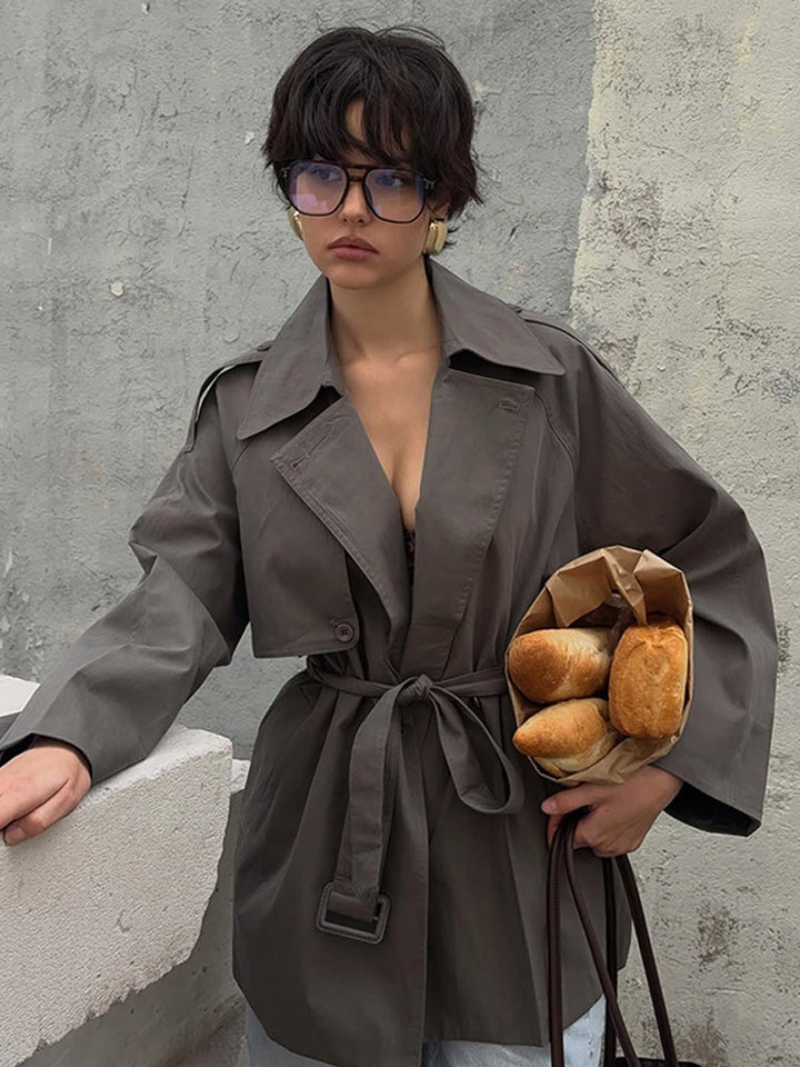 Women Short Trench Coat with Tied Belt and Oversized Sleeves Amarae