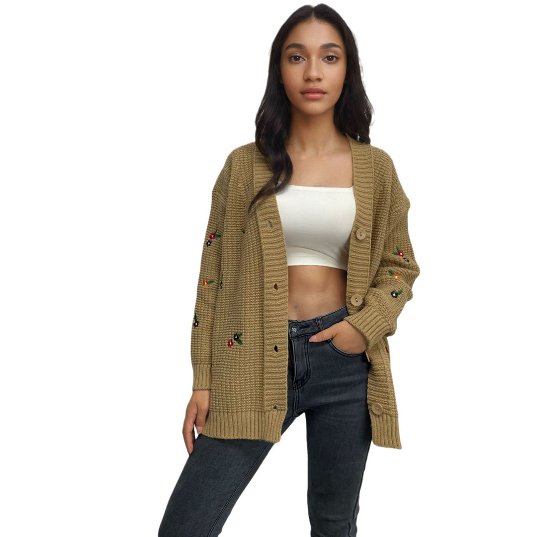 Ladies Chunky Knit Cardigan with Colorful Embroidery and Button Closure Lune London