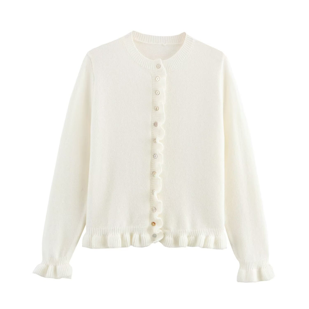 Women knitted vest with decorative ruffle trim and button closure Lune London