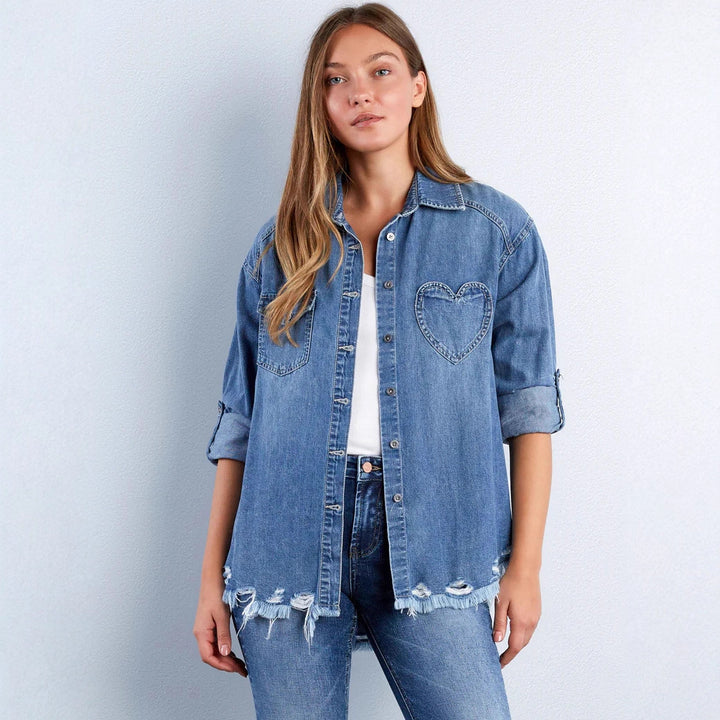 Women's denim blouse with heart appliqué and fringed hem Lune London