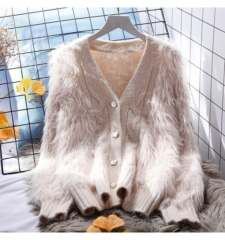 Knitted jacket for women with fluffy sleeves and button closure Lune London