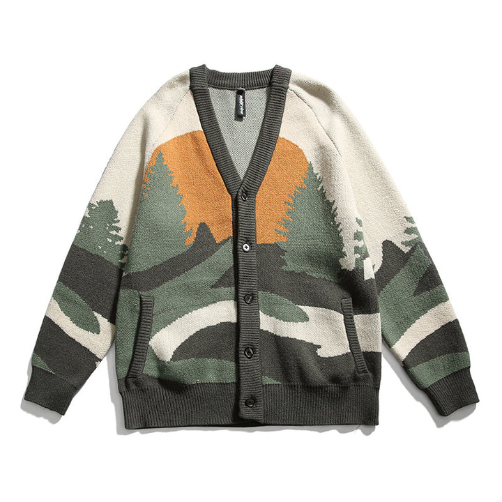 Unisex Chunky Knit V-Neck Cardigan with Landscape Jacquard Pattern and Patch Pockets Amarae