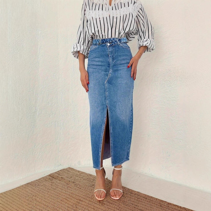 Women Retro-inspired High-Waist Denim Midi Skirt with Central Front Slit and Fitted Silhouette Amarae
