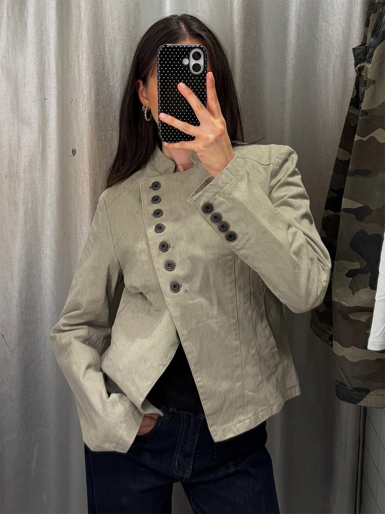 Women Asymmetrical Short Jacket with Double Decorative Button Placket and Stand Collar Amarae