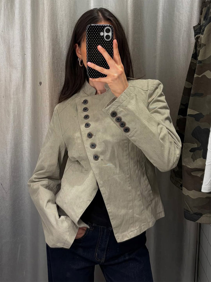Women Asymmetrical Short Jacket with Double Decorative Button Placket and Stand Collar Amarae
