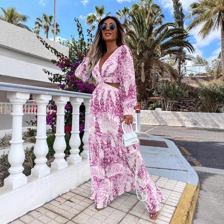 Maxi dress for women with playful cut and floral design Lune London