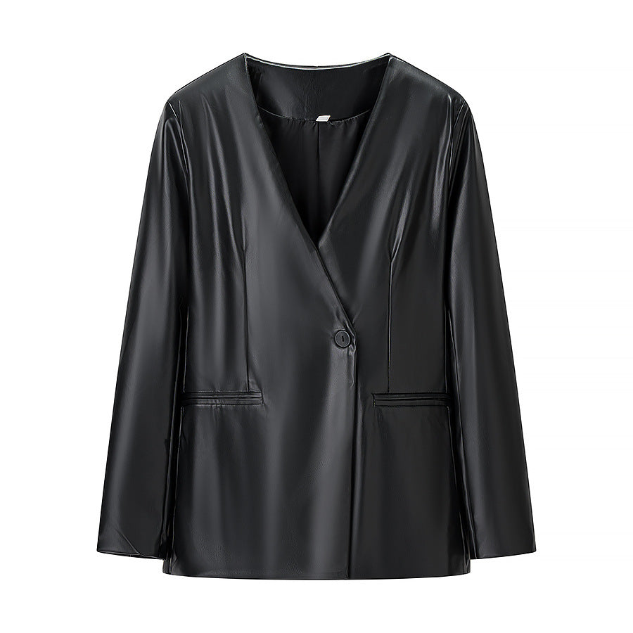 Veste blazer en faux cuir pour femmes avec poches discrètes et coupe moderne Chic & Stil