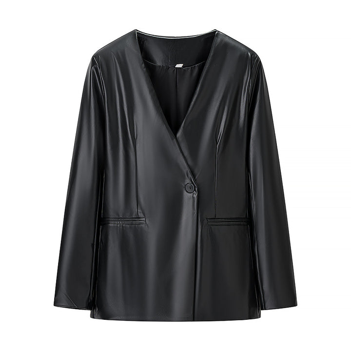 Women's Tailored Faux Leather Blazer with Single Button and Contoured Silhouette Amarae