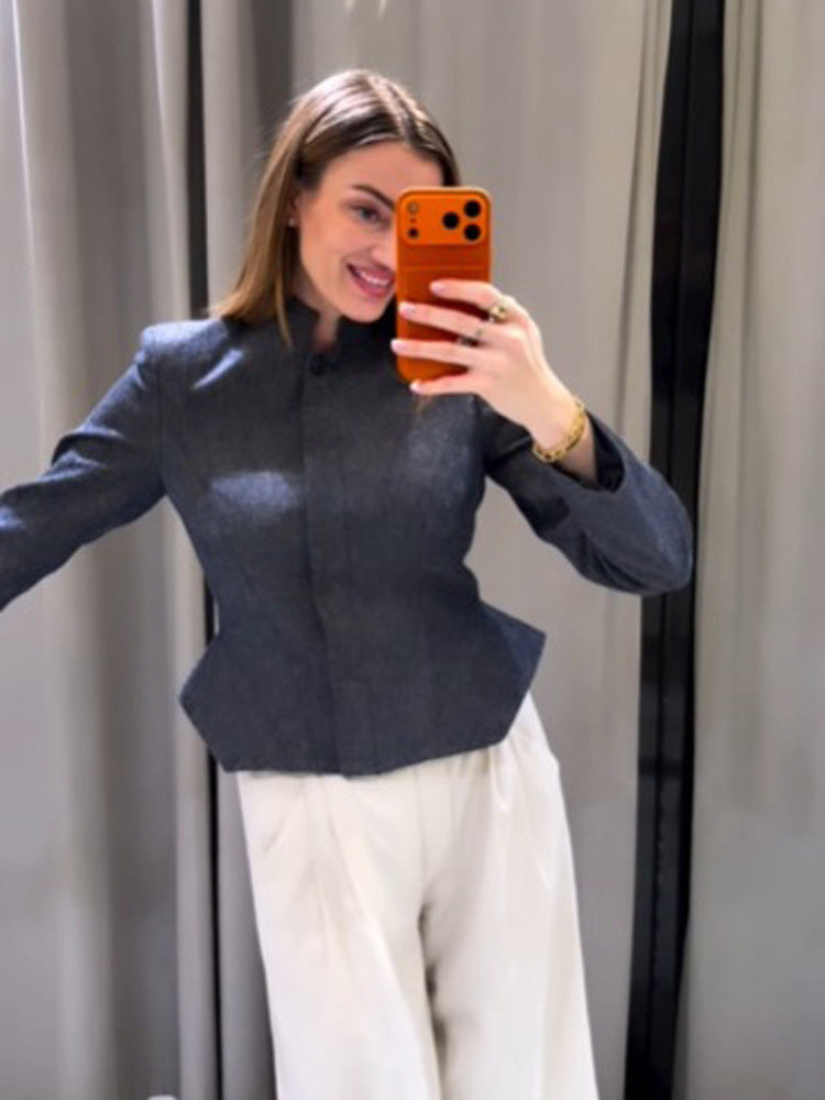 Women's short blazer with stand-up collar, fitted peplum, and concealed button placket Amarae