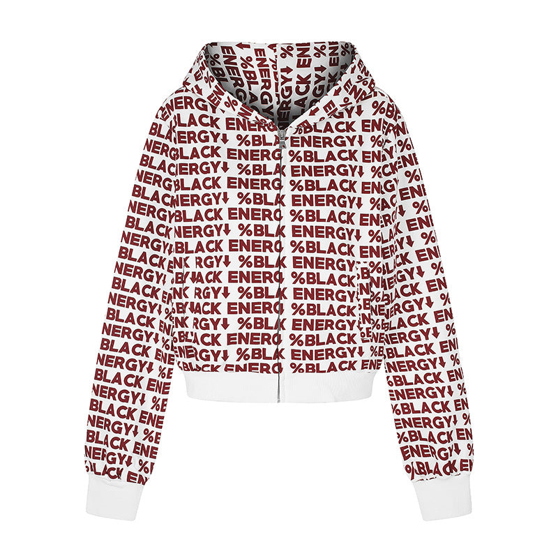 Women short zip hooded jacket with allover logo print and elastic ribbed hem Amarae