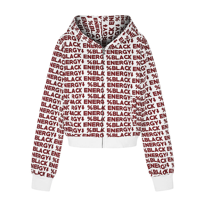 Women short zip hooded jacket with allover logo print and elastic ribbed hem Amarae