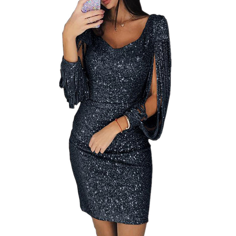 Ladies Glittering Cocktail Dress with Shimmering Sleeves Lune London