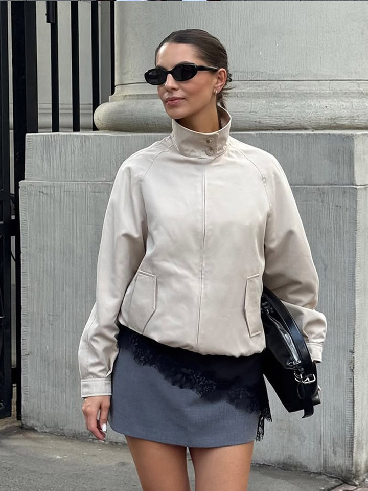 Women Lightweight Tailored Cropped Bomber with High Stand Collar and Raglan Sleeves Amarae