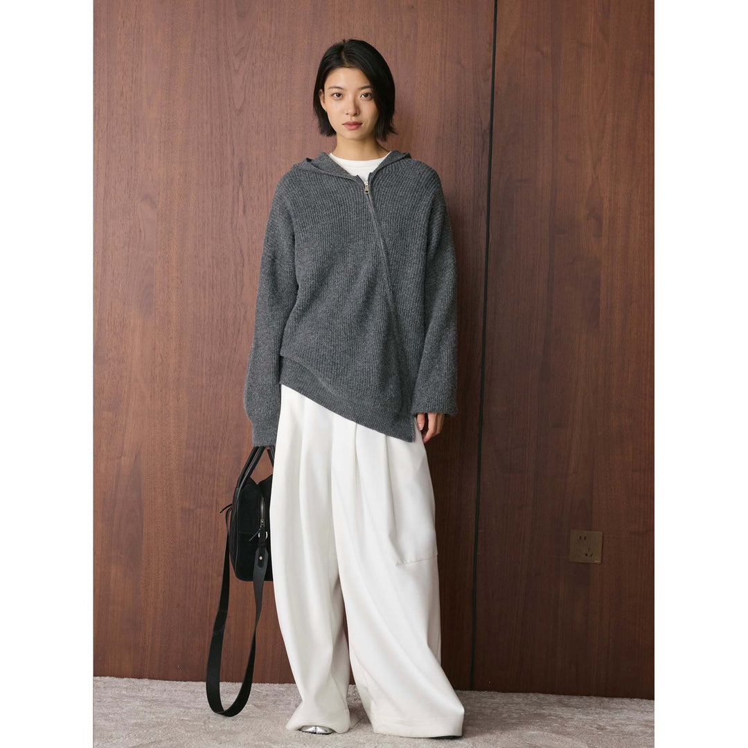 Women's Cozy Zip Hoodie Cardigan in Ribbed Knit Mix with Balloon Sleeves Amarae