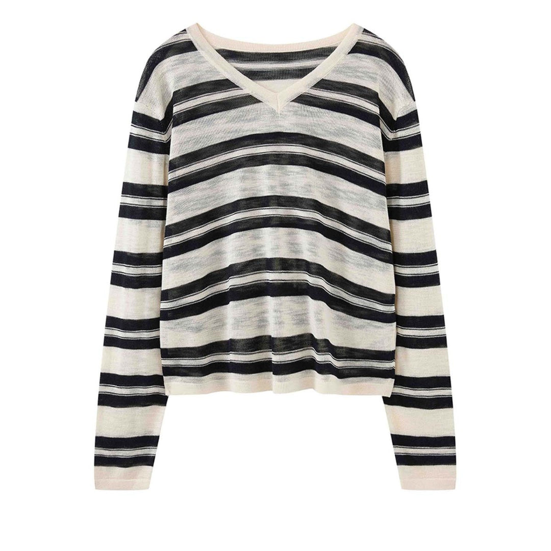 Women Casual V-Neck Striped Fine Knit Oversized Long Sleeve Top