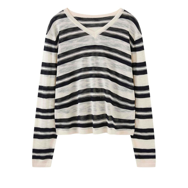 Women Casual V-Neck Striped Fine Knit Oversized Long Sleeve Top