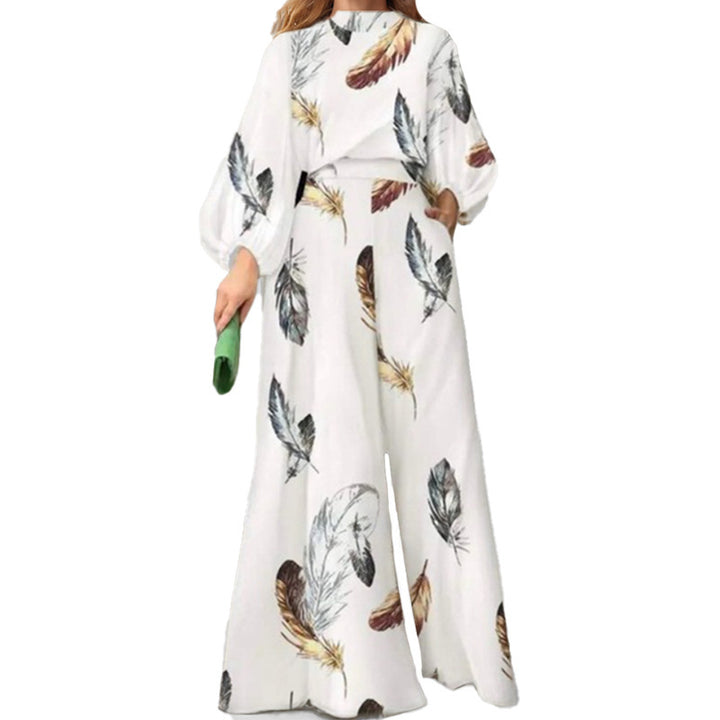 Ensemble élégant pour femme en deux pièces avec des manches en forme de ballon et un design en plumes Chic & Stil