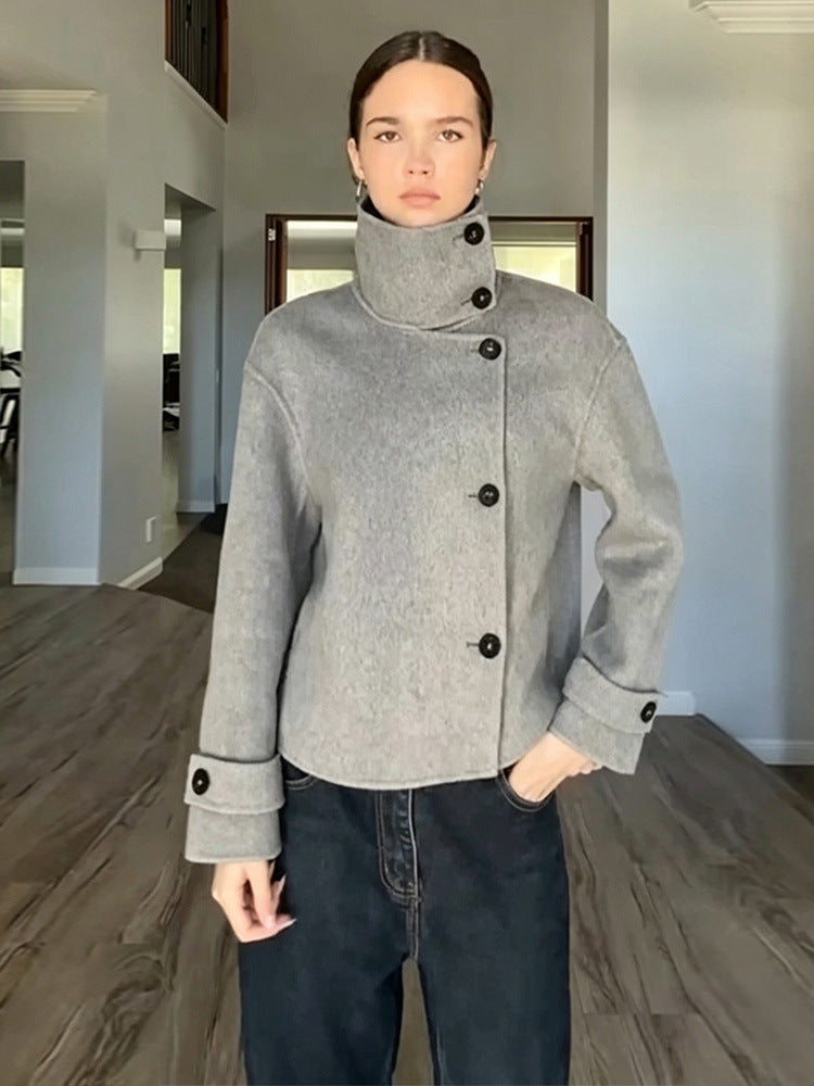 Women's Short Wool Blend Coat with Asymmetrical Button Placket and High Standing Collar Amarae