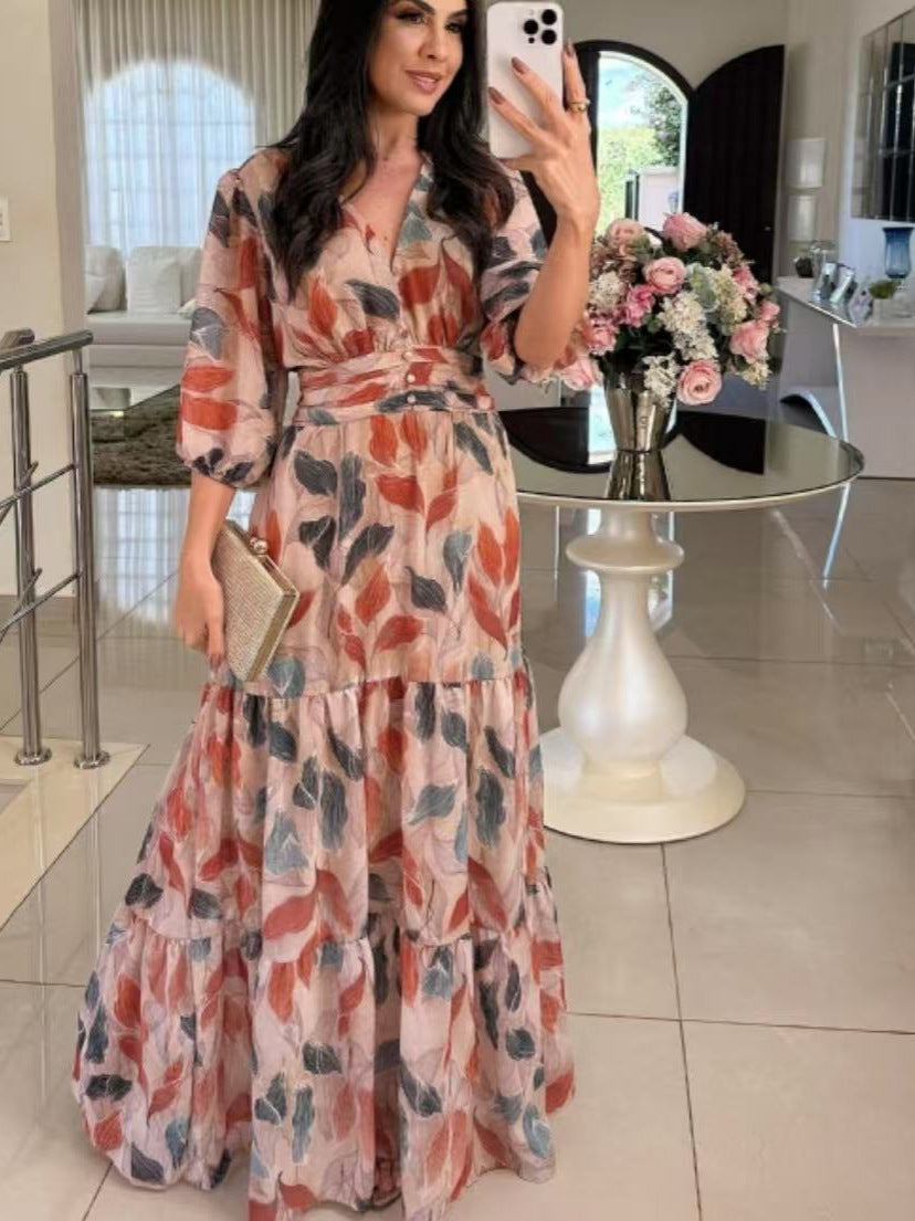 Maxi dress for women with casual V-neck, waist belt, and voluminous sleeves Lune London