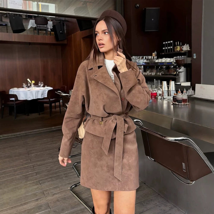 Women's Short Suede Set: Tailored Blouson with Stand Collar & Matching Mini Skirt Amarae