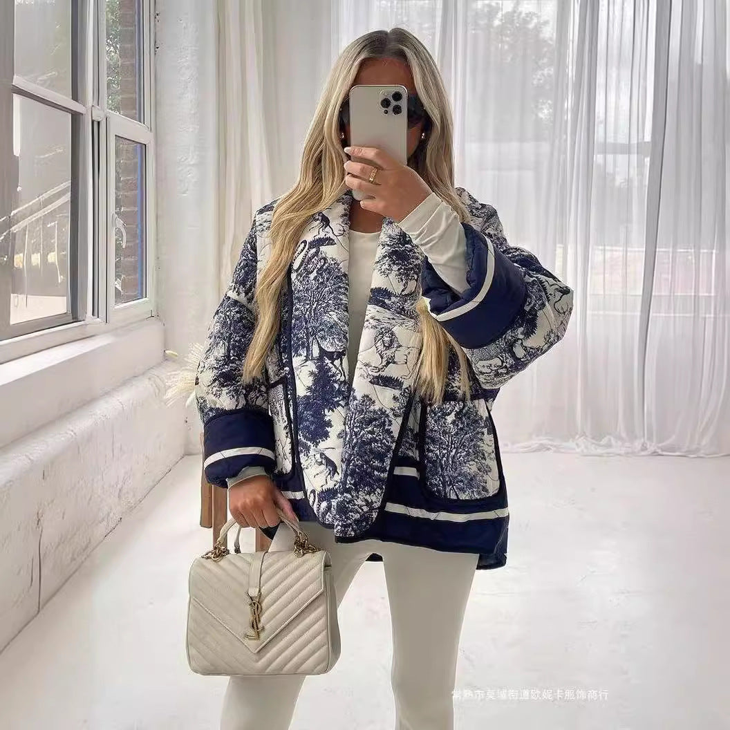 Ladies Elegant down jacket with traditional pattern and wide lapel Lune London