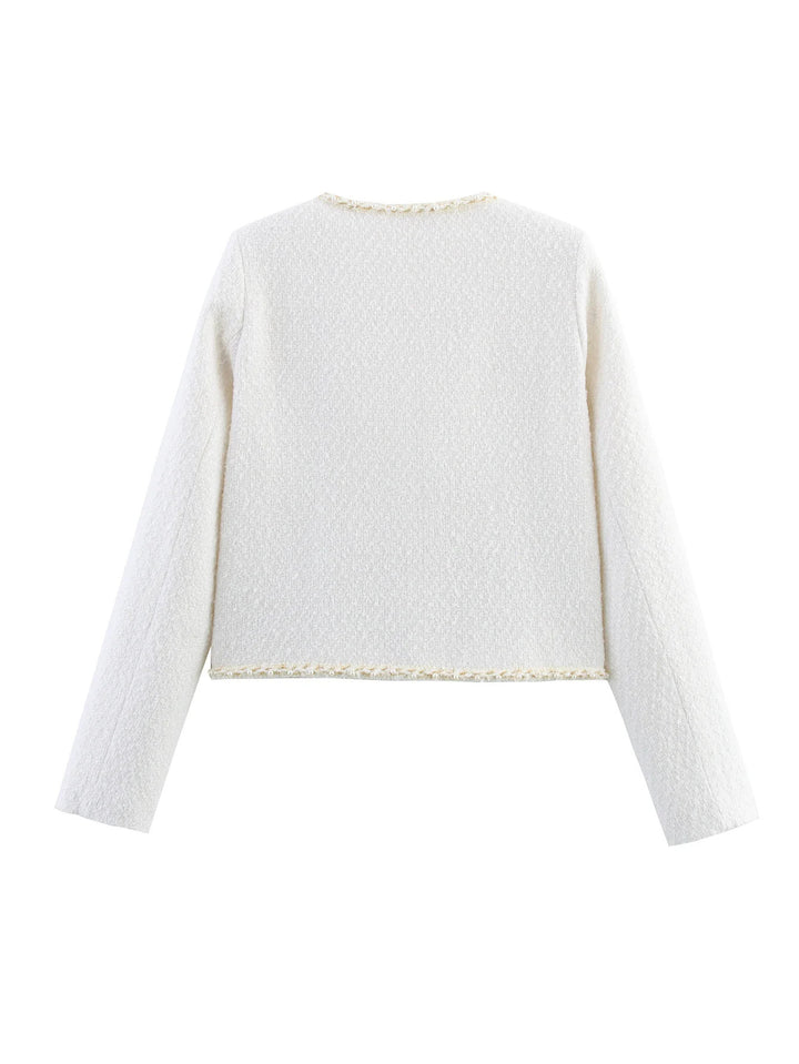 Elegant short-sleeve women's jacket with pearl-adorned buttons and patch pockets Lune London