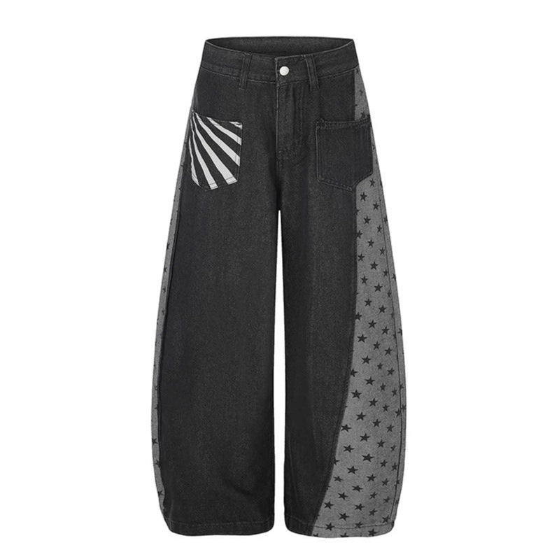 Women's Wide Denim Palazzo Pants with Contrast Sides, Star Print and Patch Pockets Amarae
