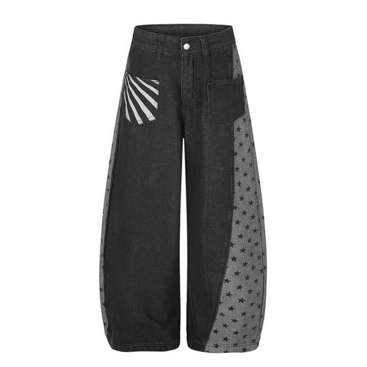 Women's Wide Denim Palazzo Pants with Contrast Sides, Star Print and Patch Pockets Amarae