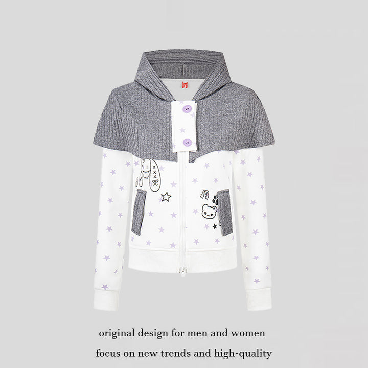 Women's hooded sweatshirt jacket with removable knitted cape, star print and front zipper Amarae