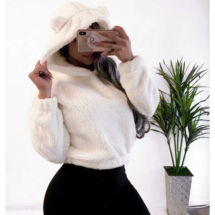 Women's Short Hooded Sherpa Pullover with Kangaroo Pocket and Elastic Hem Amarae