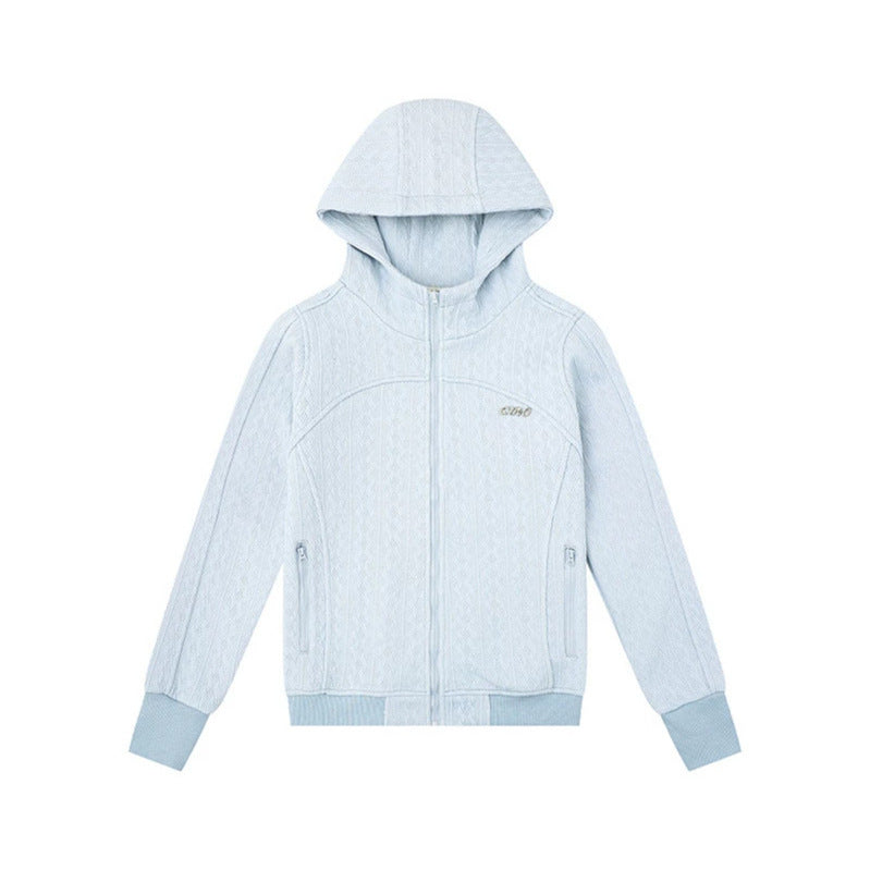 Women's hooded cardigan with cable knit pattern, full zip and side pockets Amarae