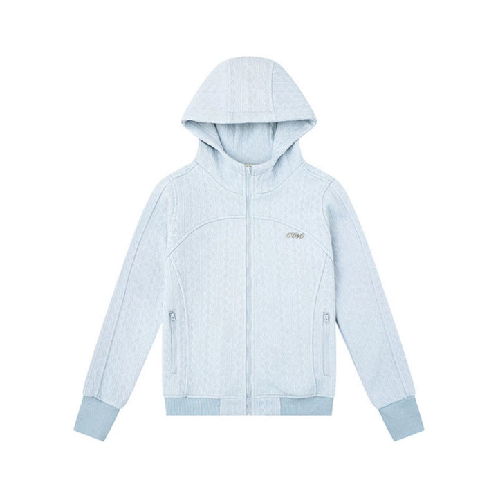 Women's hooded cardigan with cable knit pattern, full zip and side pockets Amarae