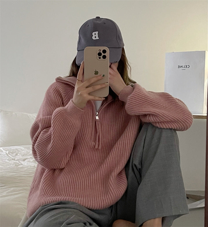 Knitted sweater for ladies with high collar and ribbed structure Lune London
