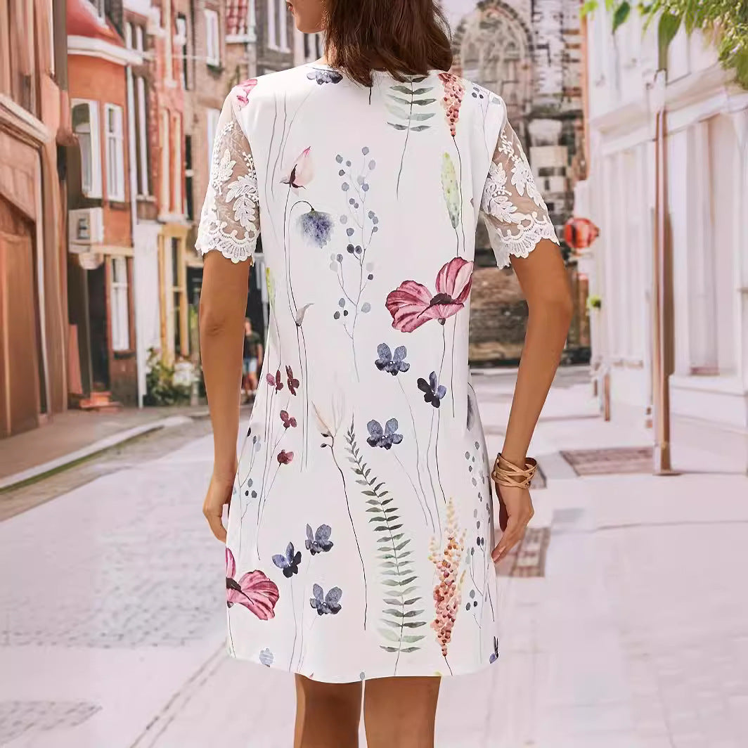 Floral print tunic dress for women with lace sleeves Lune London