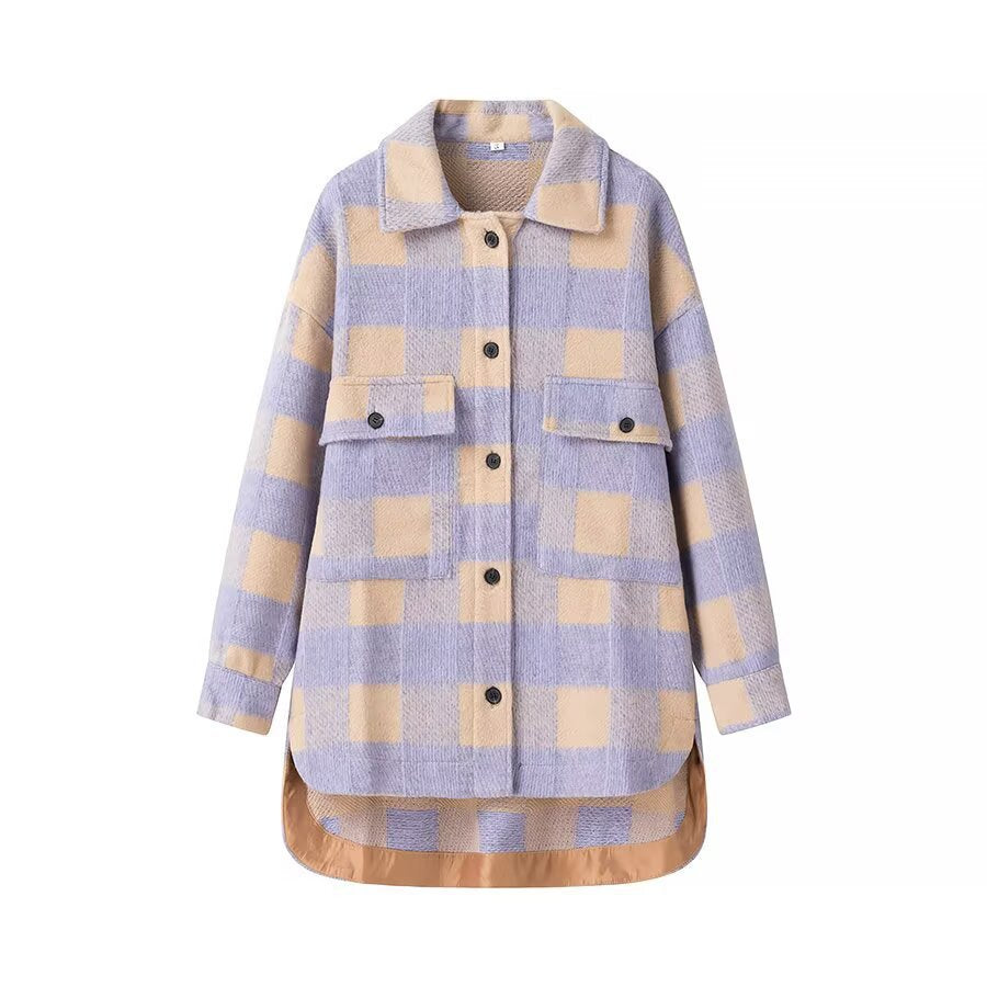 Women's Checked Oversized Transitional Jacket in Shacket Style Amarae