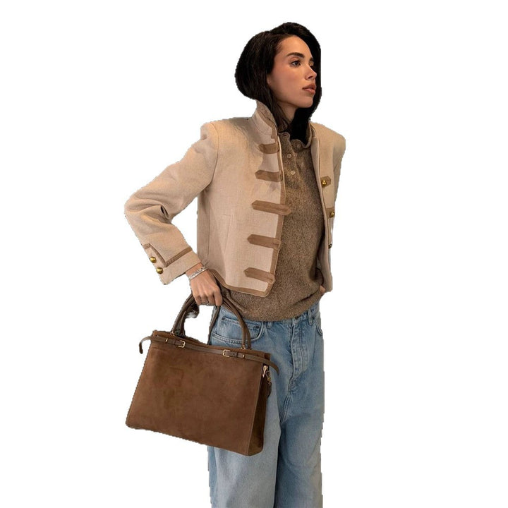 Women's Short Military-Inspired Jacket with Stand-Up Collar and Decorative Button Placket Amarae
