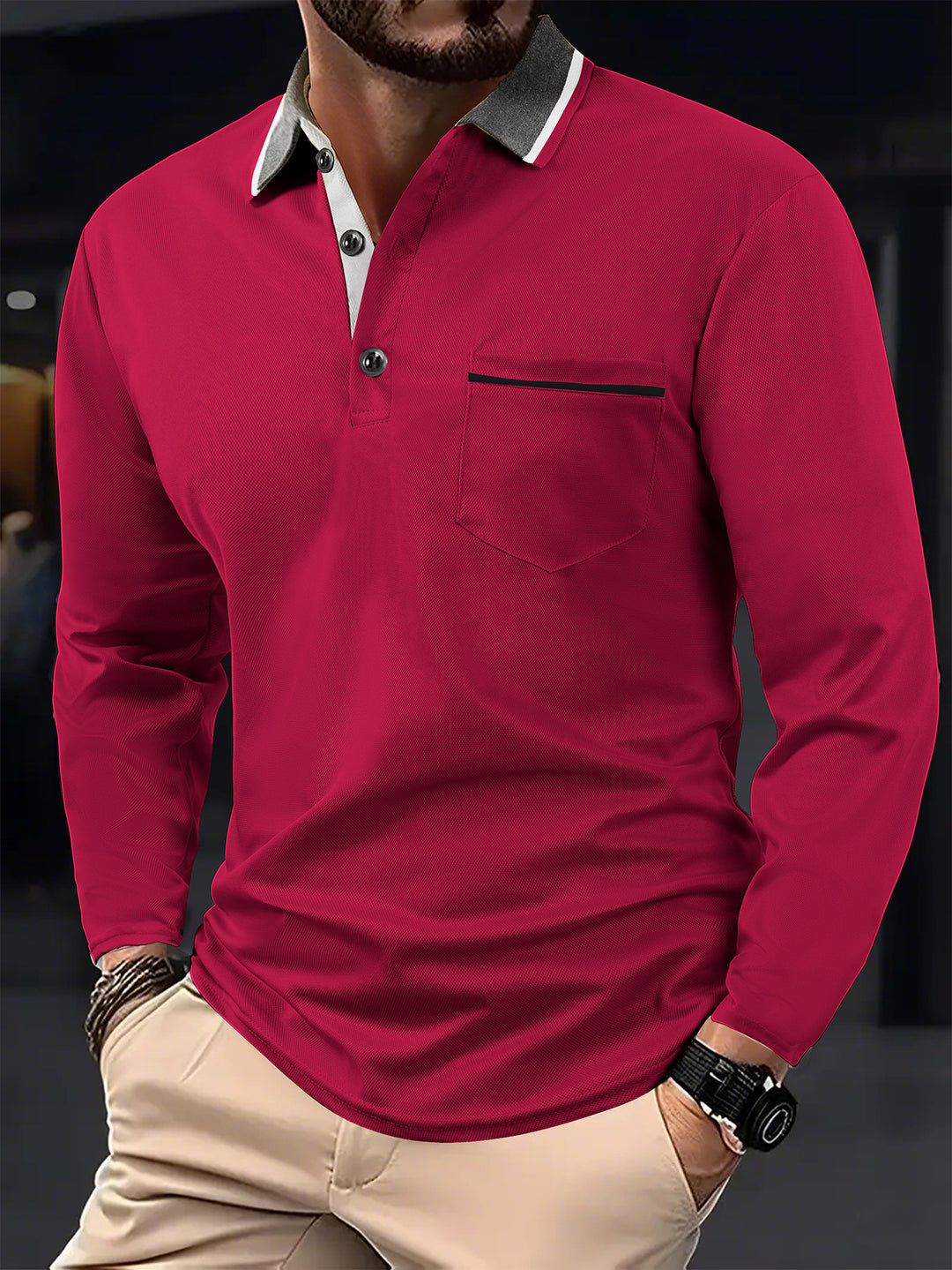 Men's long sleeve polo with textured collar and chest pocket Lune London