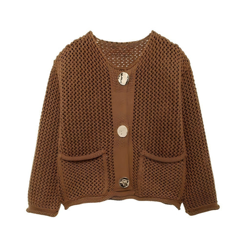 Casual knit jacket for women with textured hole pattern and practical pockets Amarae