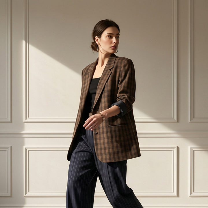 Women’s oversized check blazer with boxy silhouette and dropped shoulders Amarae