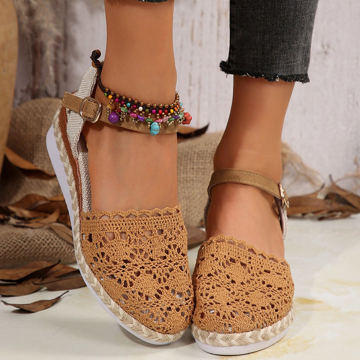 Ladies espadrilles with ankle straps in crochet Lune London