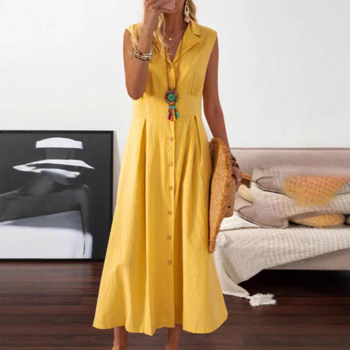 Summer maxi dress for women with button placket and sleeveless design Lune London