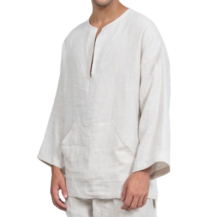 Men's casual high linen with Henley neckline and practical kangaroo pocket Lune London