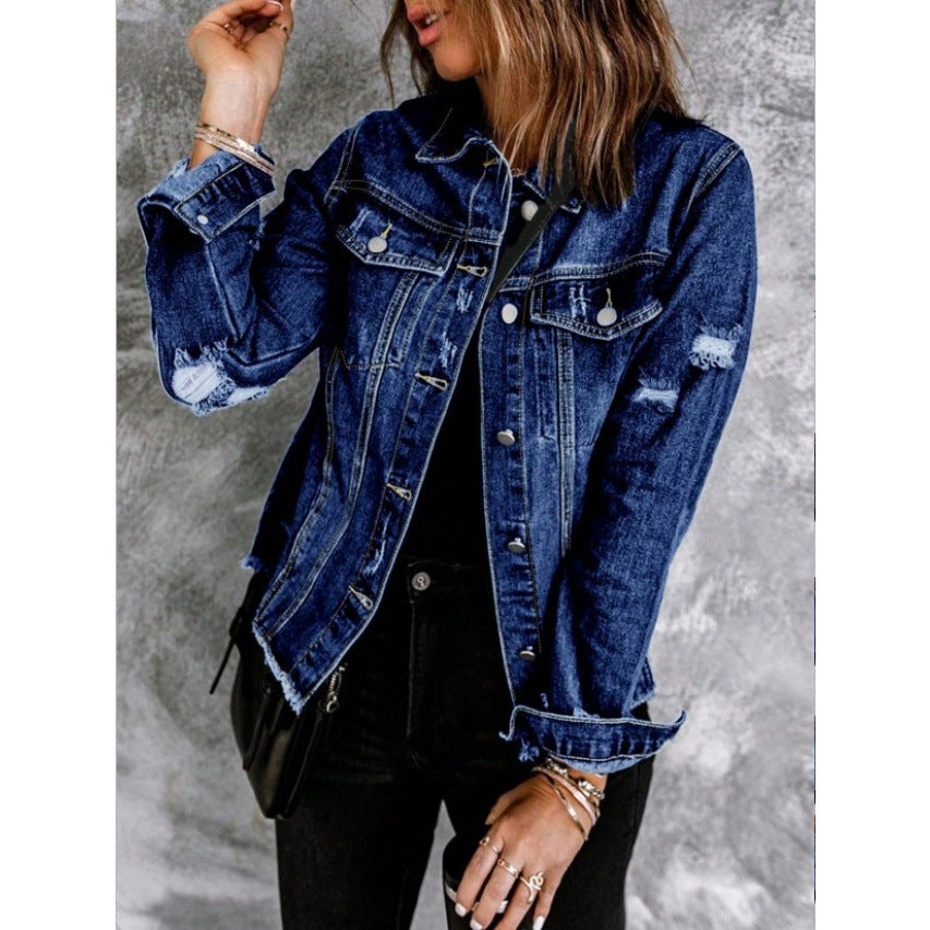Women Tailored Denim Jacket with Destroyed Accents, Patch Pockets, and Visible Quilted Stitching Amarae