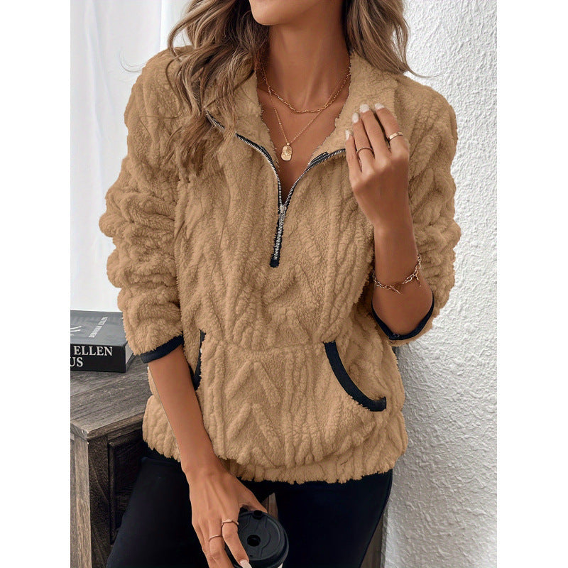 Fluffy teddy sweater for women with half-zip and high collar Lune London