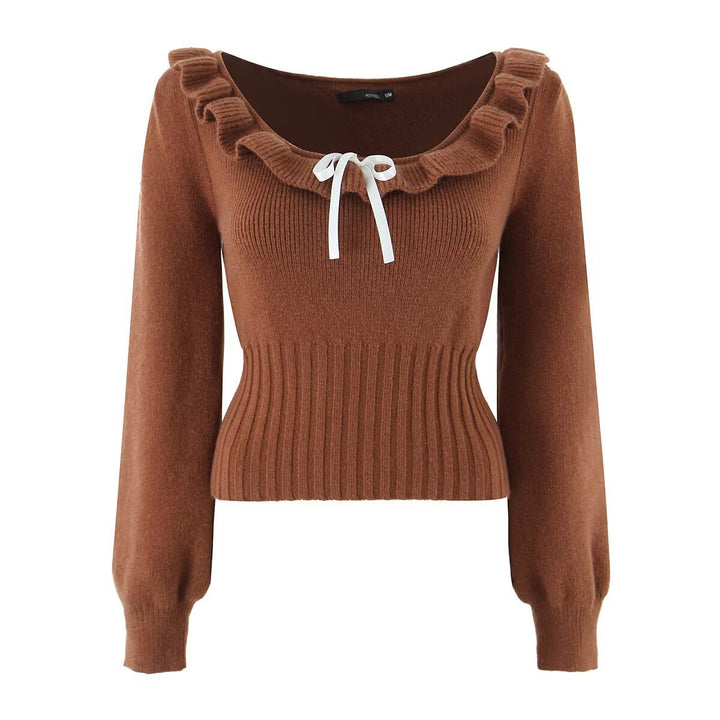 Elegant knit sweater for ladies with ruffle details and drawstring Lune London