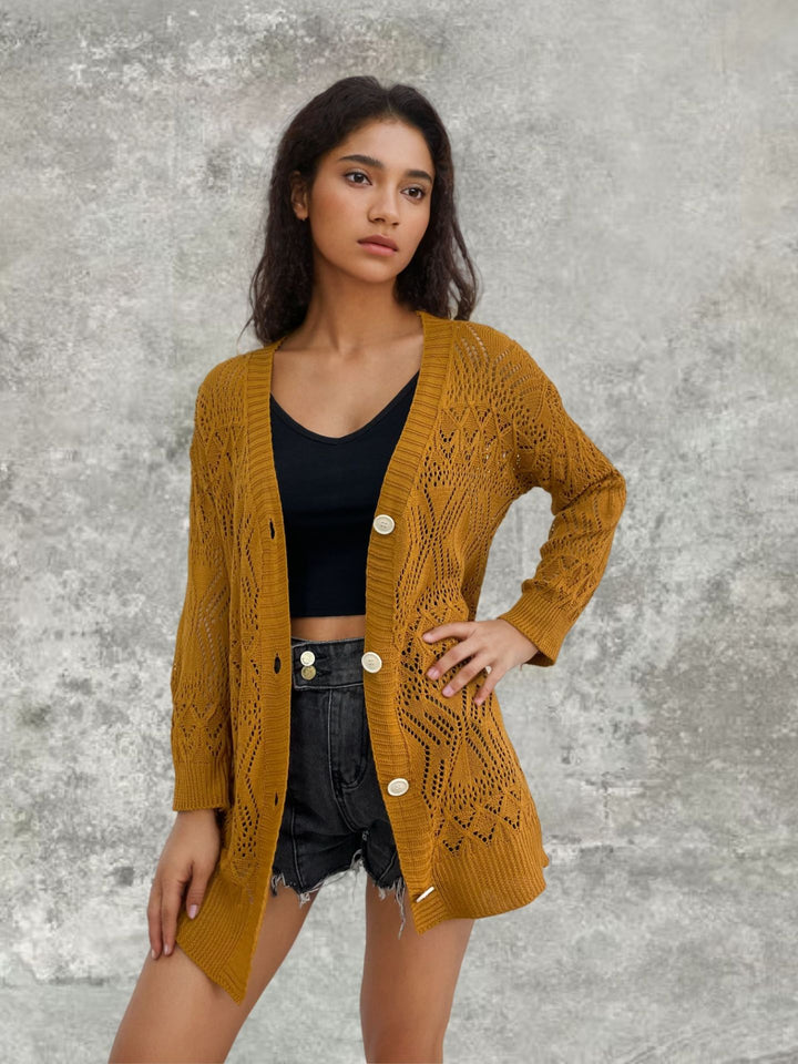 Ladies lightweight cardigan with delicate crochet pattern and chic button details